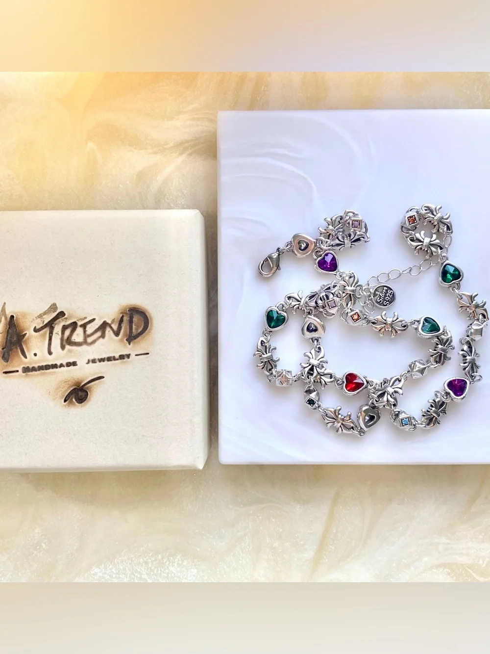 Sterling Silver Multicolor Heart Link Necklace - 925